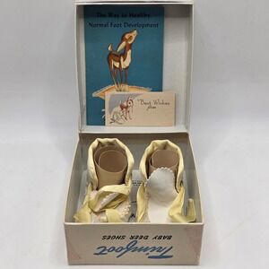 Trimfoot‎ Baby Deer Shoes Infant White Yellow Ribbon Tie Vintage 1950s